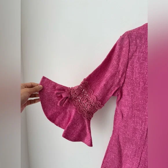 Vintage Pink woven Linen Blend Dress Lace Trim Bell Sleeve Cottagecore 70s 80s - Picture 10 of 12